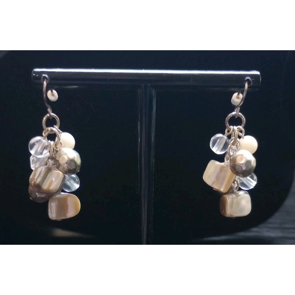 East 5th Neutral Beaded Cluster‎ Dangle Earrings Silvertone Pierced